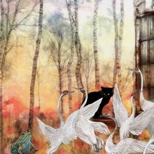 Elegant White Birds, cat and frog in Forrest. Surreal collage limited print.